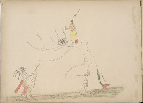 Haun-geah-ah Ka (Kiowa) is Surprised by Navajo while Upia Tru (sic?) Trying to Rob a Buzzard’s Nest. Navajo upon Seeing Haun-geah-ah Ka Attempts to Kill him but is Killed Himself by Huan-geah-ah Ka’s Friend Dane-Cah (Kiowa) who upon seeing the Navajo