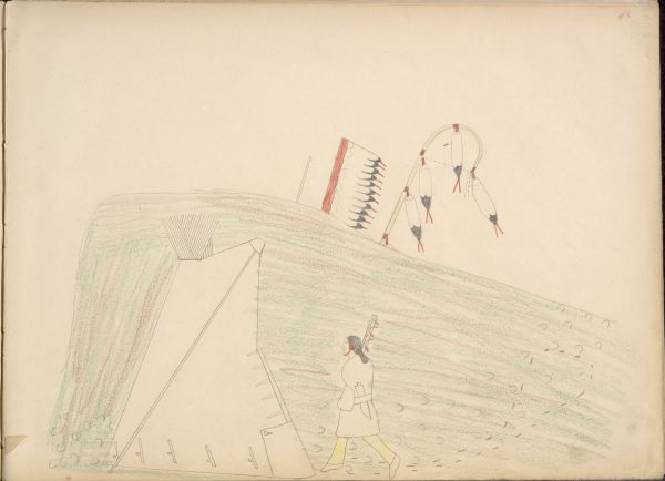Navajo Returning to His Tepee and Finds Tracks of His Horses that have been Stolen by Kiowas – Pursues Kiowas who are just over the Hill from His Camp and is Killed by Them