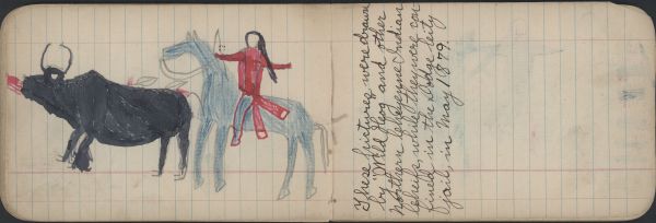 HUNTING SCENE: Man on Blue Horse Shoots Buffalo with Arrow; TEXT