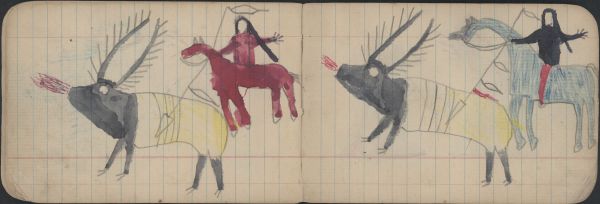 HUNTING: Man on Blue Horse Lances Elk Bull; HUNTING: Man on Red Horse Lances Elk Bull