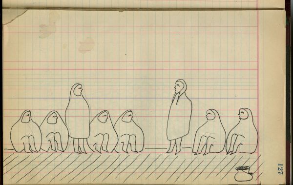 8 prisoners waiting with chamber pot