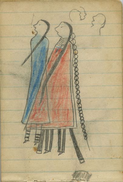 COURTING: Man in Red Blanket Stands Parallel to Woman in Blue; Two Glyphs or Outlines