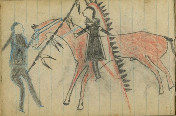 WAR: BATTLE, Man with Banner Headdress Counts Coup on Crow with Elk Horn Scraper Society Lance 