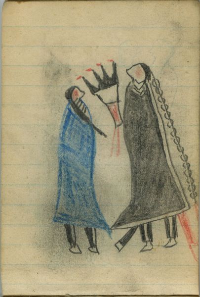 COURTING: Man with Eagle-Feather Fan Faces Woman in Blue Blanket  