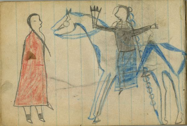 COURTING: Man on Blue Pinto Holds Fan toward Woman in Red  