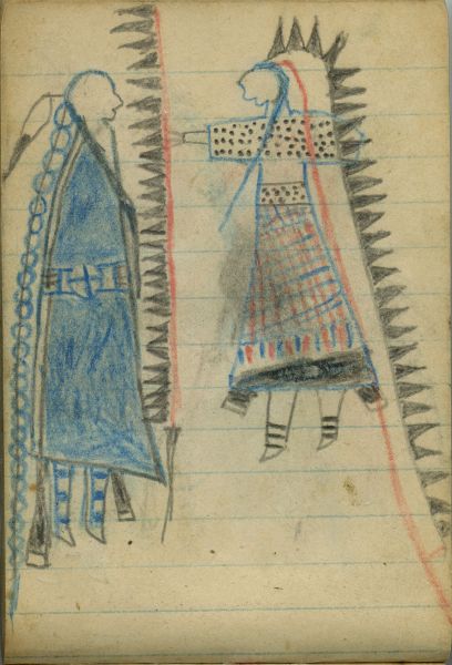 COURTING: Woman in Eagle Headdress and Holding Banner Lance Faces Man in Blue Blanket with Beaded Strip