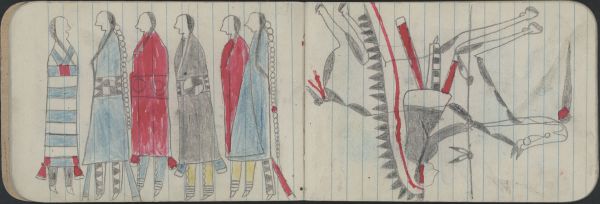COURTING: 2 Men and 4 Women (in Blue, Black, Red, 2nd Phase Navajo Chief's Blanket); WAR, WARRIOR: Man ion White-and-gray pinto Carries a Lance