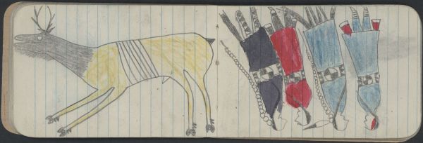ANIMALS, ELK: Bull; COURTING, TWO COUPLESin Beaded-Strip Lakota Courting Blankets