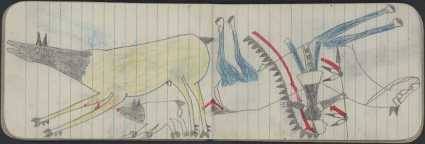 ANIMALS, ELK; WAR, WARRIOR on White Horse with Blue Legs Carries a Lance