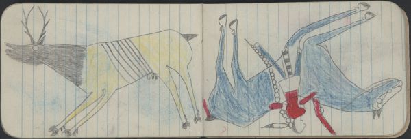 ANIMAL, ELK; WAR, WARRIOR on a Blue Horse Carries a Gun