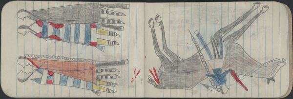 COURTING, TWO COUPLES, Women in 2nd Phase Navajo Chief's Blankets; WAR, WARRIOR on Gray Horse Carries a Gun 