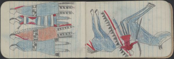 COURTING, TWO COUPLES, Women in Red Blanket and 2nd Phase Navajo Chief's Blanket; WAR, WARRIOR on Blue Horse Carries Saber
