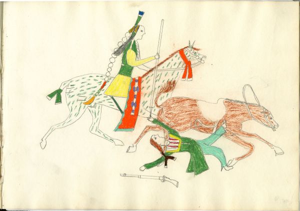 Mounted Kiowa with lance and wearing long hairplate unhorses enemy holding rifle