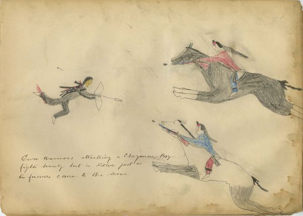 Crow Warriors Attacking a Cheyenne Boy.  Fights bravely but is killed just as his friends come to the scene.