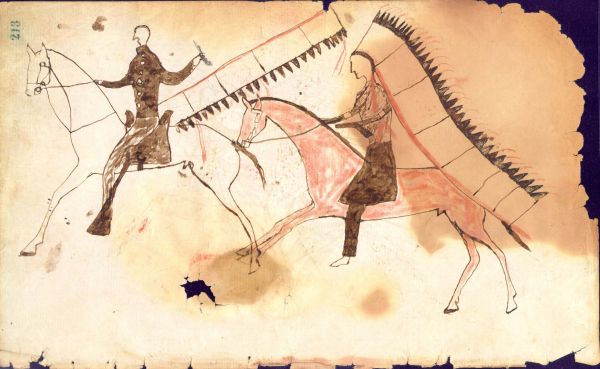 Cheyenne with banner headdress dispatching White soldier in uniform with on horseback feathered lance 