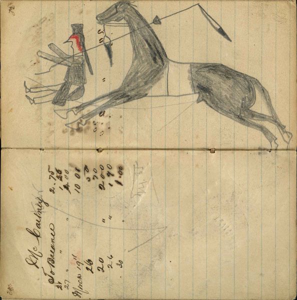 Writing - Mc Cartney, To Balance 2.75; Horse in pencil with dismounted enemy lanced and blood dripping down head