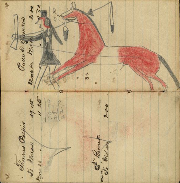 Writing - Thomas Pelier; Red Horse (no saddle) with dismounted enemy wearing medal & holding rifle showing touch with coup stick – on writing