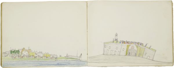 Arrival in St. Augustine and transfer in carts |   incarcerated persons on the cannon rampart at Fort Marion