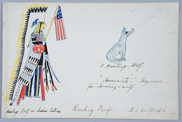 Howling Wolf in Indian Costume, Name Glyph, and Autograph