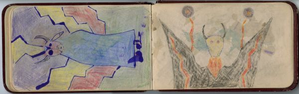 Transformed Buffalo Man with red, yellow, and purple, power lines | Thunder Being – hand drum image attributed to Siyosapa